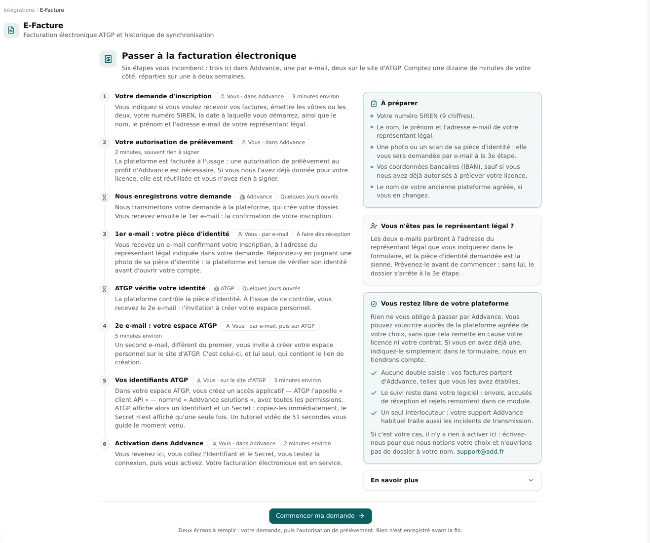 Écran d'accueil Passer à la facturation électronique