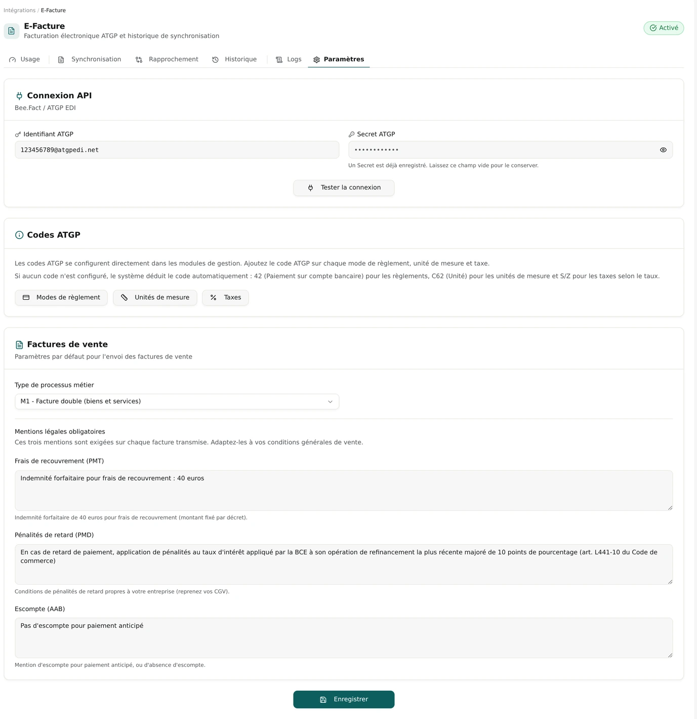 Onglet Paramètres du module e-Facture