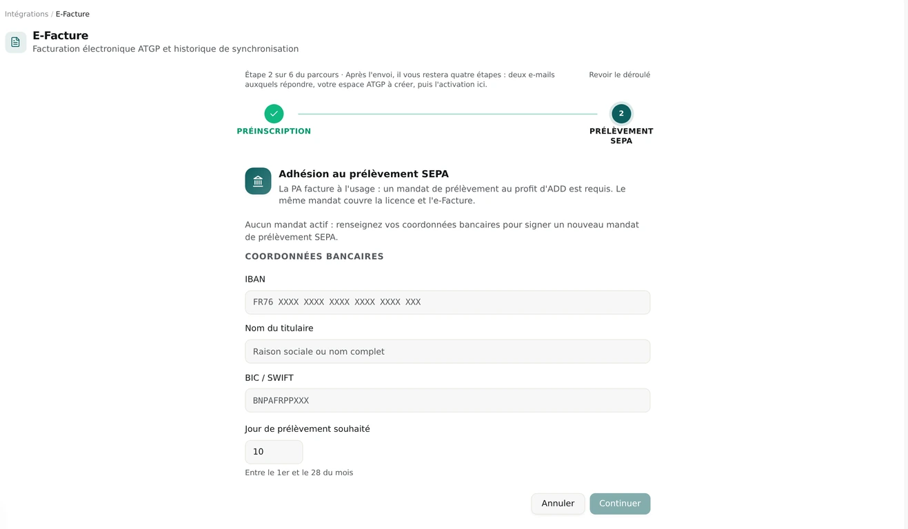 Étape SEPA, saisie des coordonnées bancaires
