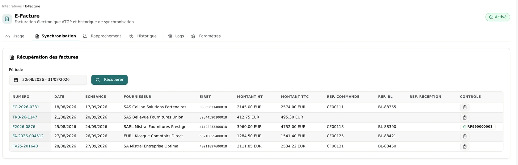 Onglet Synchronisation, liste des factures reçues