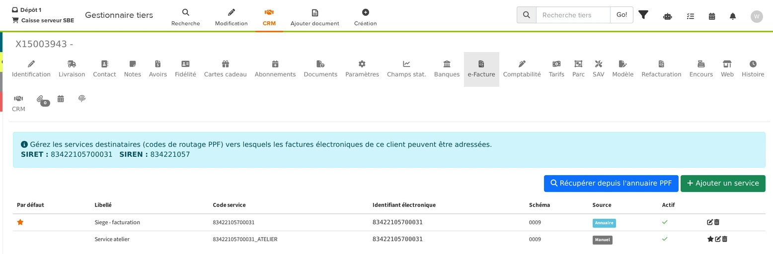 Onglet e-Facture de la fiche client