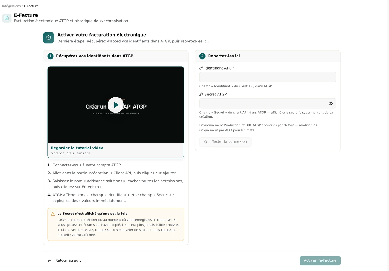 Écran d'activation de la facturation électronique
