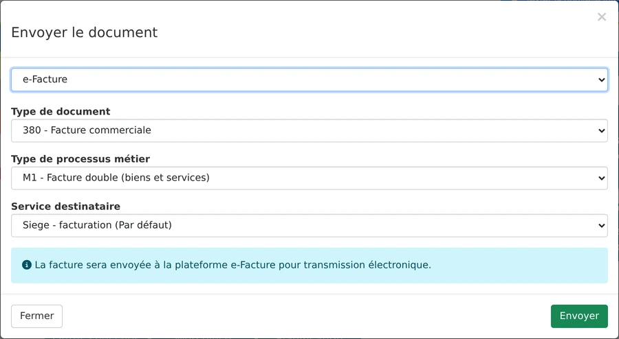 Fenêtre d'envoi, canal e-Facture